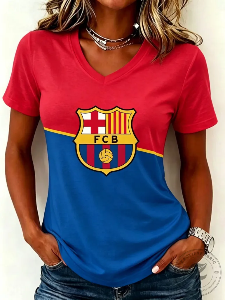 FC Barcelona Women's Casual V-Neck Short Sleeve T-Shirt 5 FC Barcelona Women's Casual V-Neck Short Sleeve T-Shirt