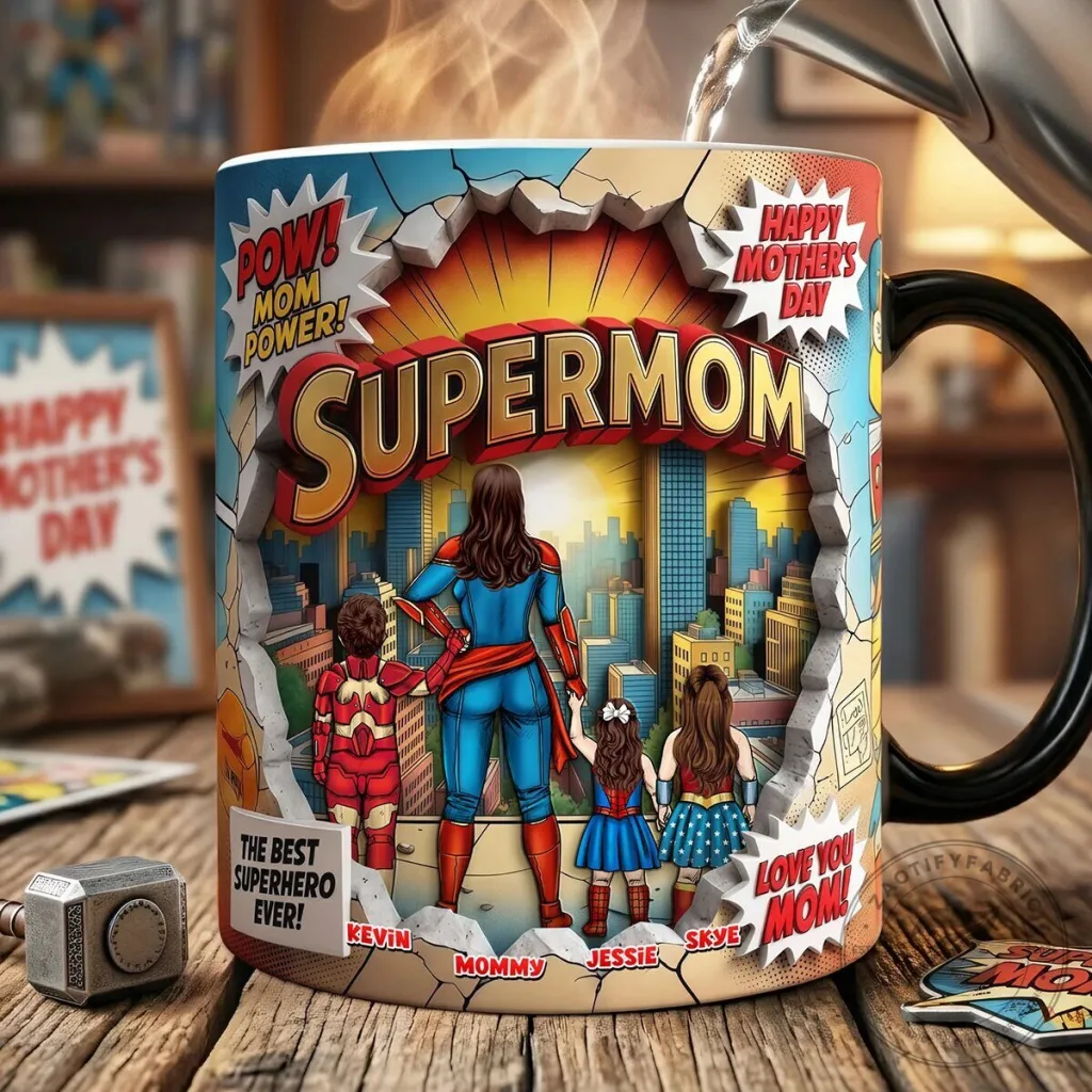 Personalized Supermom Mother's Day Coffee Mug with Kids Names and Superhero Design Personalized Supermom Mother's Day Coffee Mug with Kids Names and Superhero Design