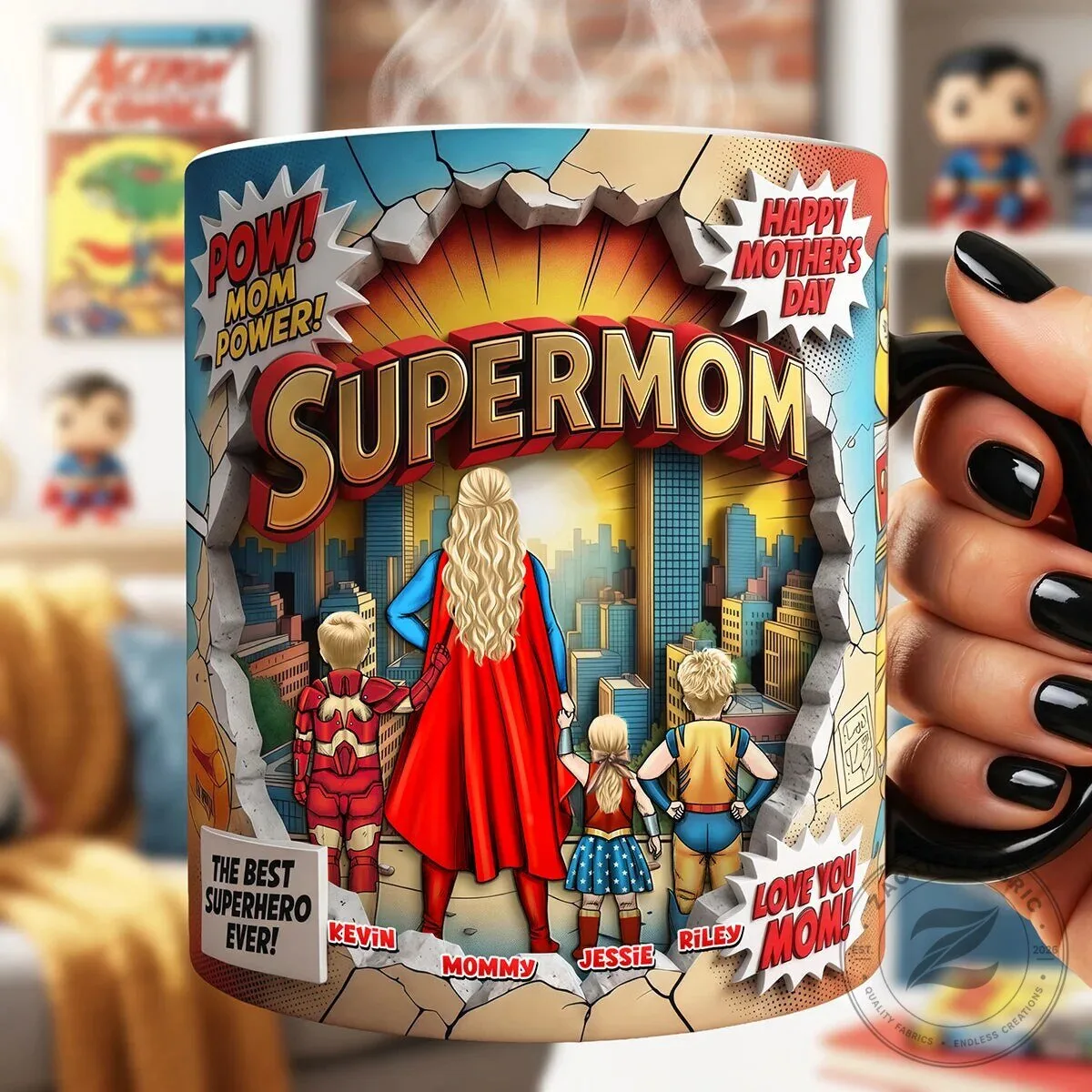 Personalized Supermom Mother's Day Coffee Mug with Kids Names and Superhero Design 6 Personalized Supermom Mother