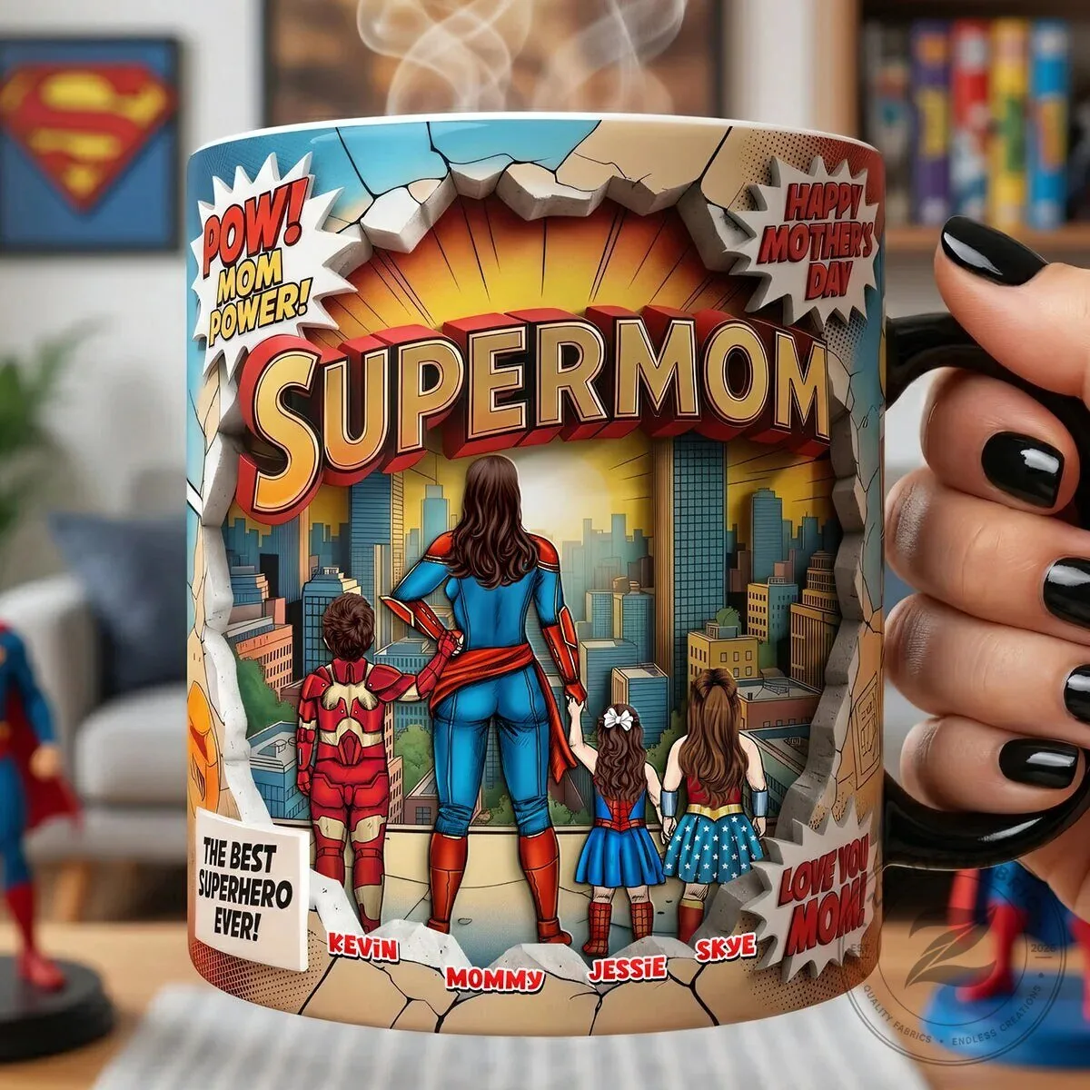 Personalized Supermom Mother's Day Coffee Mug with Kids Names and Superhero Design 7 Personalized Supermom Mother