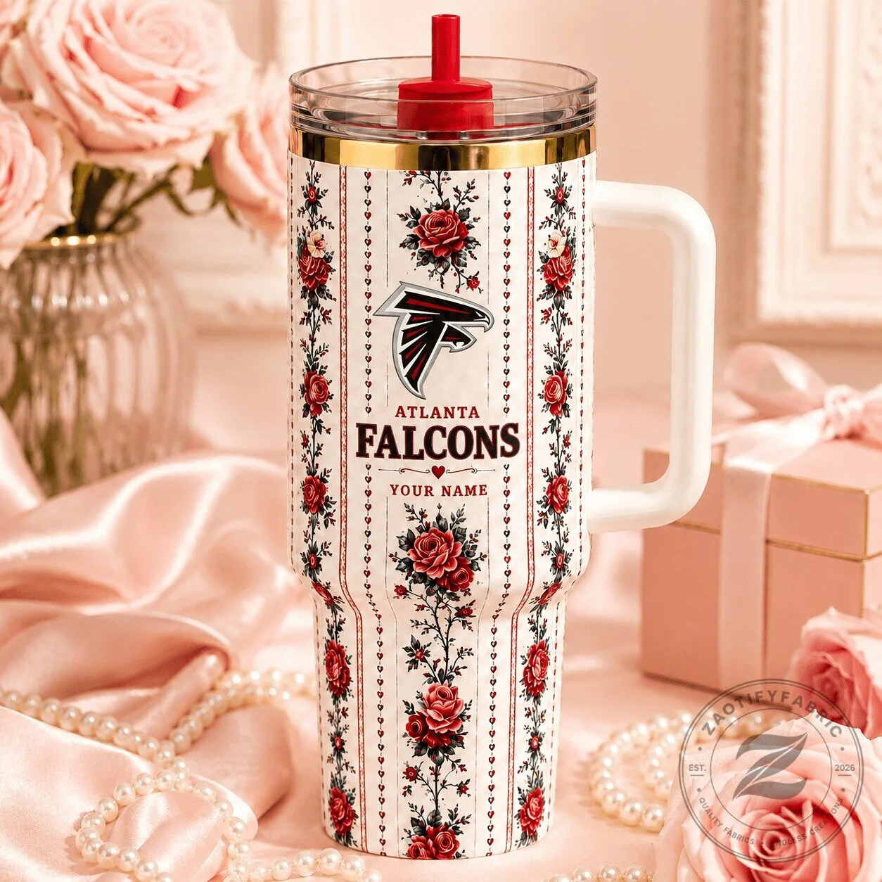Atlanta Falcons Floral Pattern Personalized Straw Tumbler with Handle