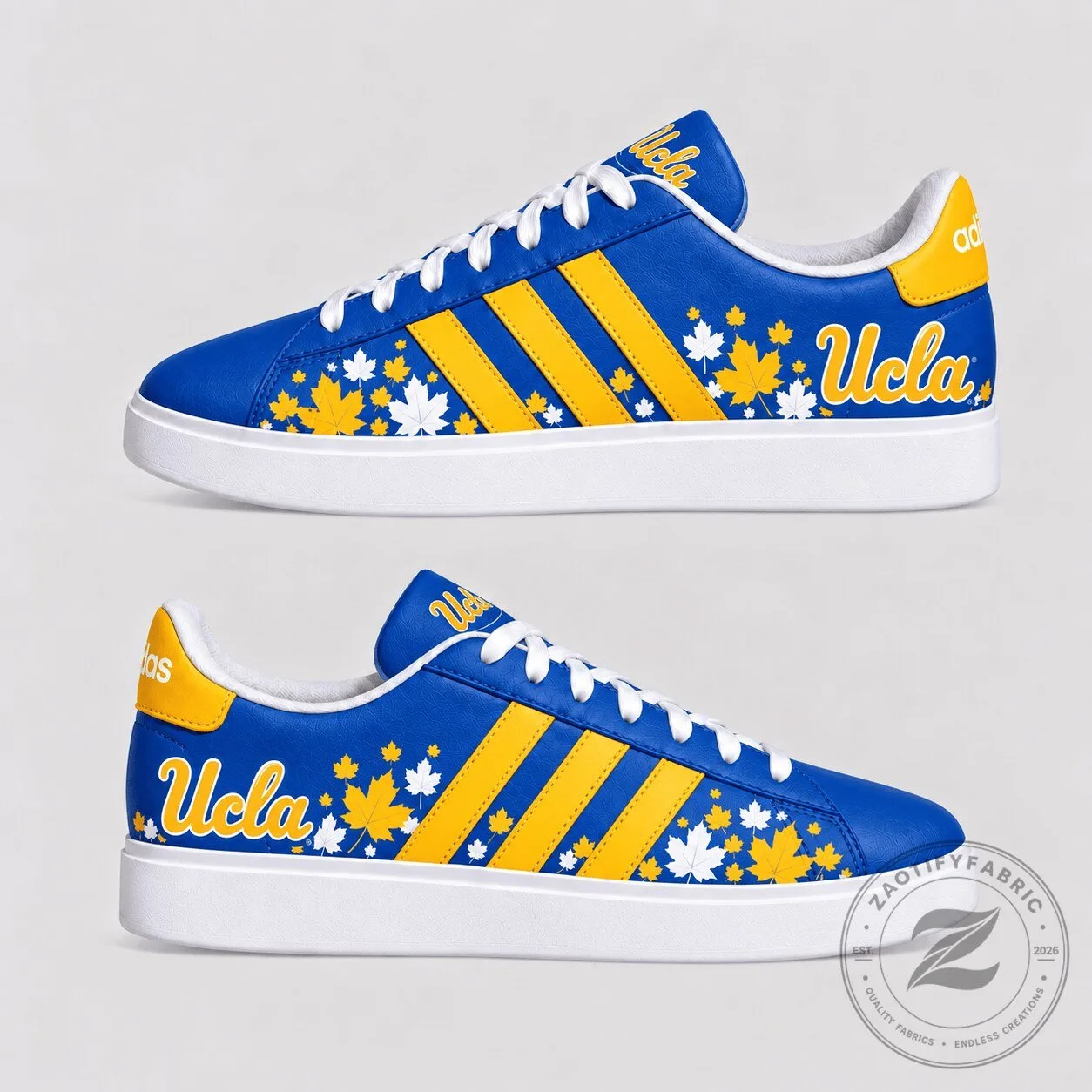 UCLA Bruins Fall Season Maple Leaf Pattern Blue and Yellow Sneakers