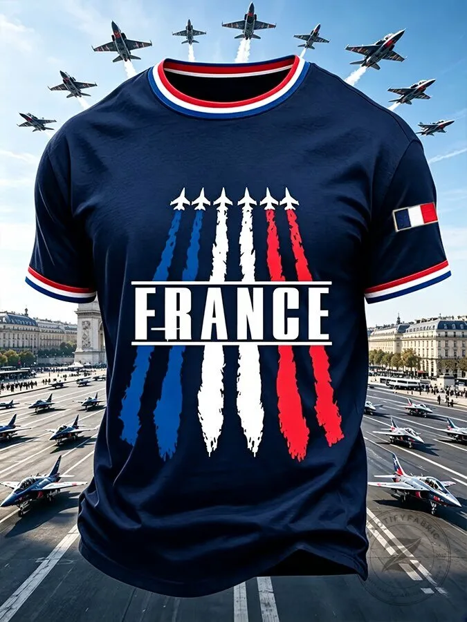 France National Day 14th July Jet Fighter Patriotic Men’s T-Shirt