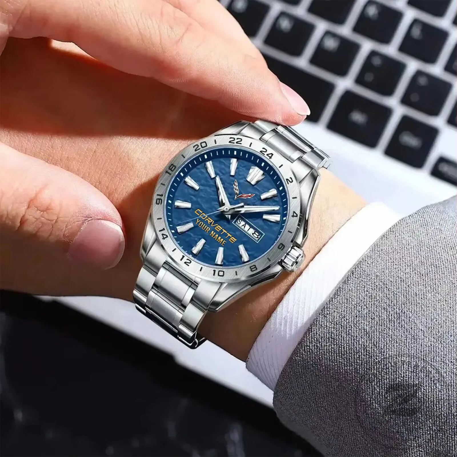 Corvette C8 Stingray Personalized Name Blue Dial Stainless Steel Watch 13 Corvette C8 Stingray Personalized Name Blue Dial Stainless Steel Watch