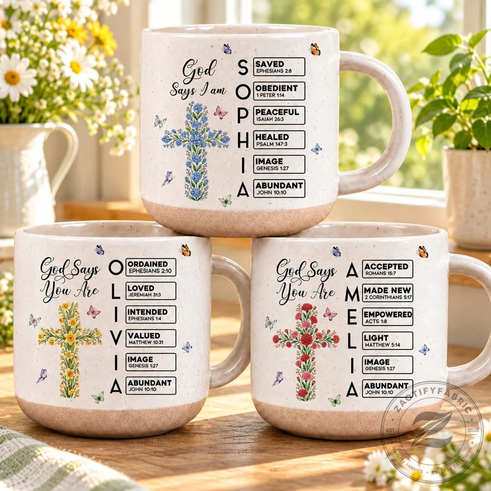 God Says I Am Personalized Christian Bible Verse Floral Cross Coffee Mug