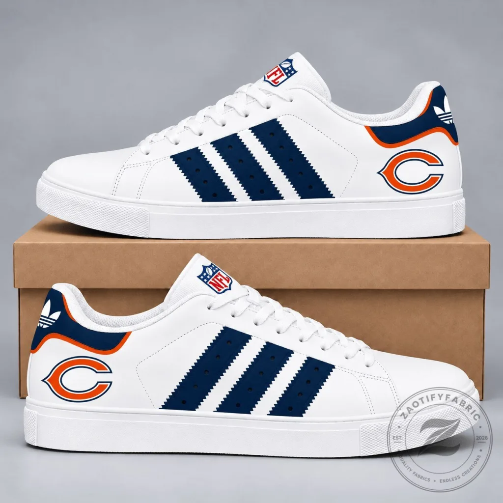 Chicago Bears NFL Team Logo White and Navy Blue Striped Sneakers Shoes 32 Chicago Bears NFL Team Logo White and Navy Blue Striped Sneakers Shoes