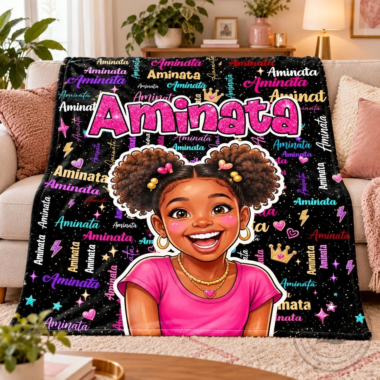 Personalized Aminata Name Blanket with Cartoon Girl and Stars for Kids Birthday