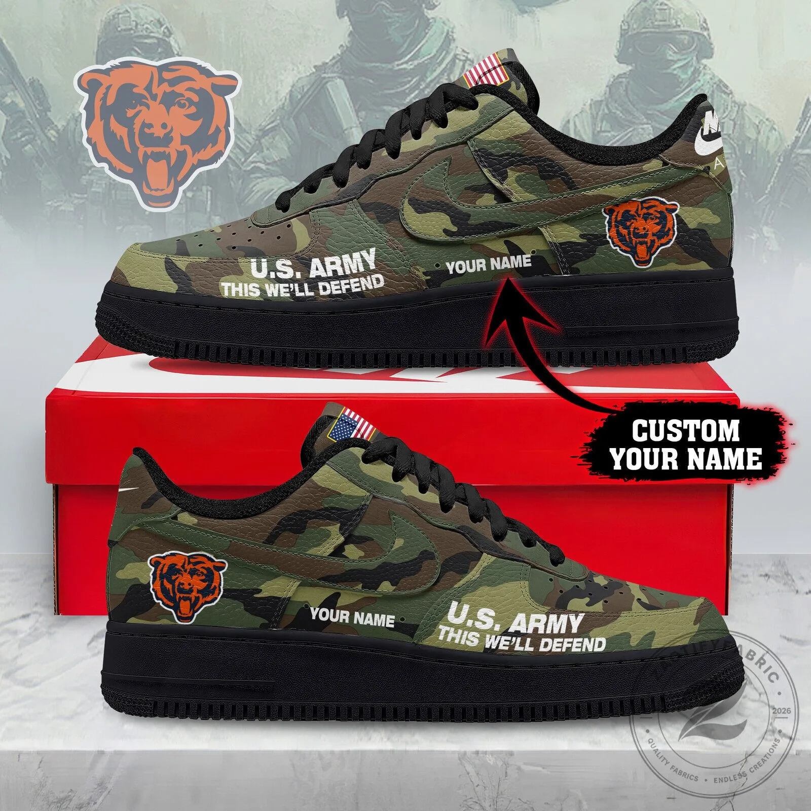 Chicago Bears NFL US Army Camouflage Custom Name Sneakers 1 Chicago Bears NFL US Army Camouflage Custom Name Sneakers