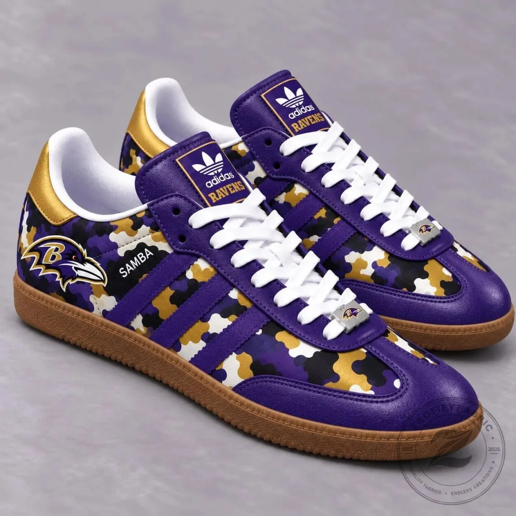 Baltimore Ravens NFL Team Logo Purple Camouflage Pattern Samba Shoes Baltimore Ravens NFL Team Logo Purple Camouflage Pattern Samba Shoes