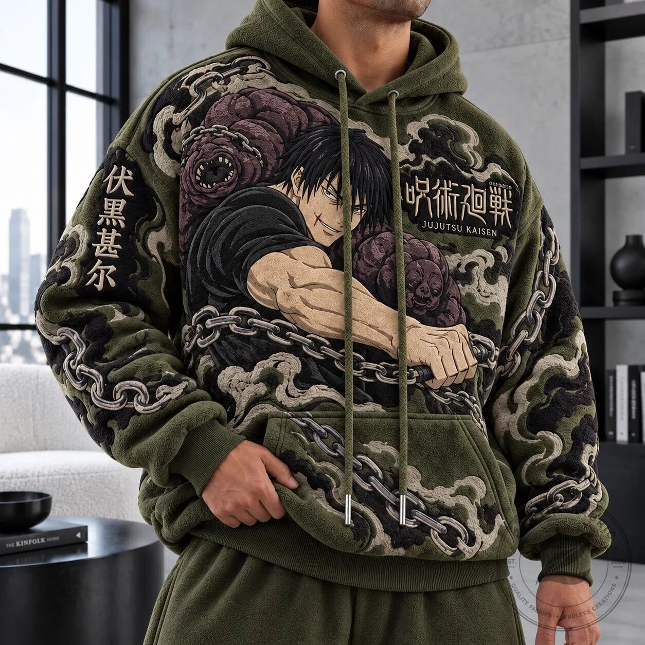 Jujutsu Kaisen Toji Fushiguro Anime Art Green Camouflage Fleece Hoodie 2 Jujutsu Kaisen Toji Fushiguro Anime Art Green Camouflage Fleece Hoodie