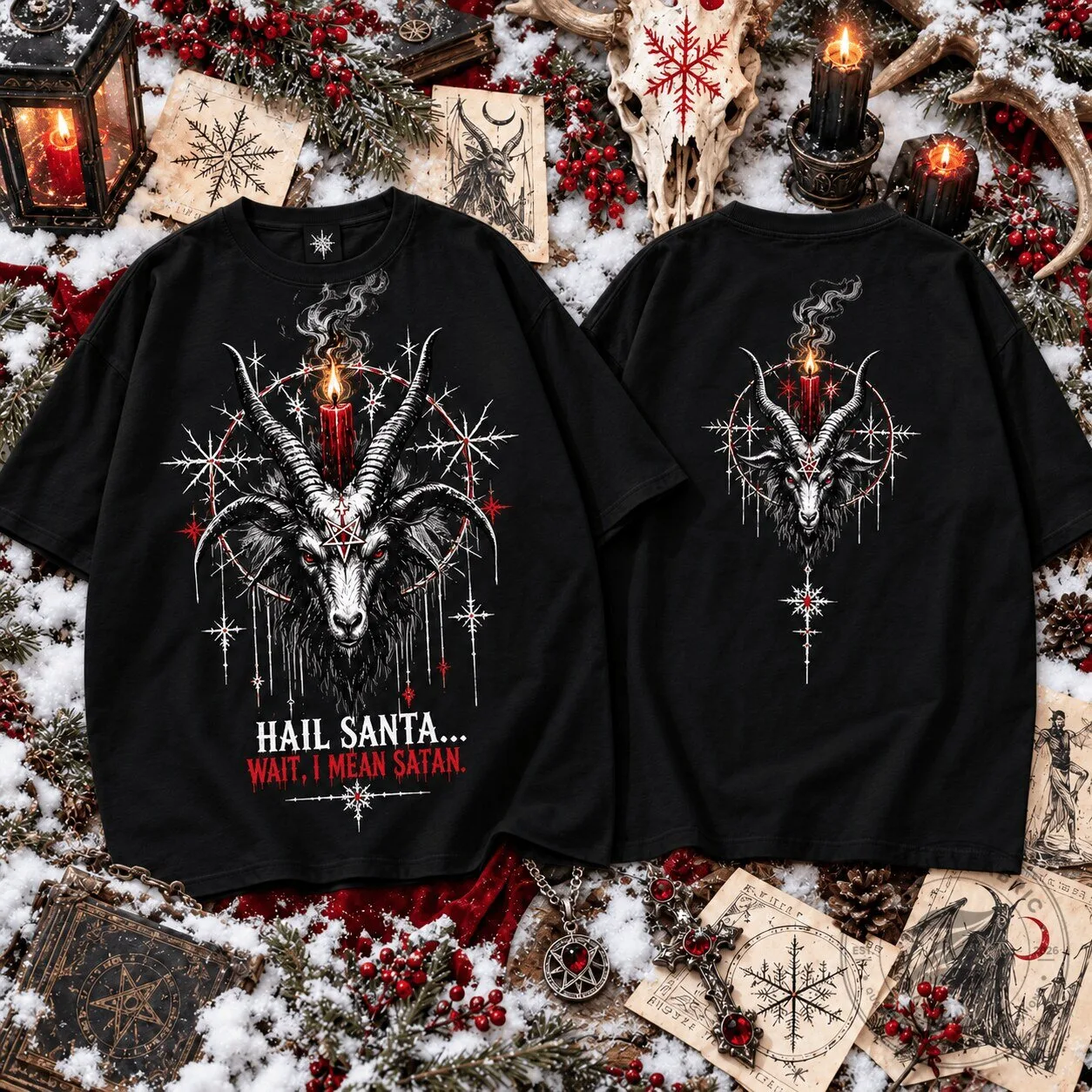 Baphomet Hail Santa I Mean Satan Christmas Heavy Metal Black T-Shirt