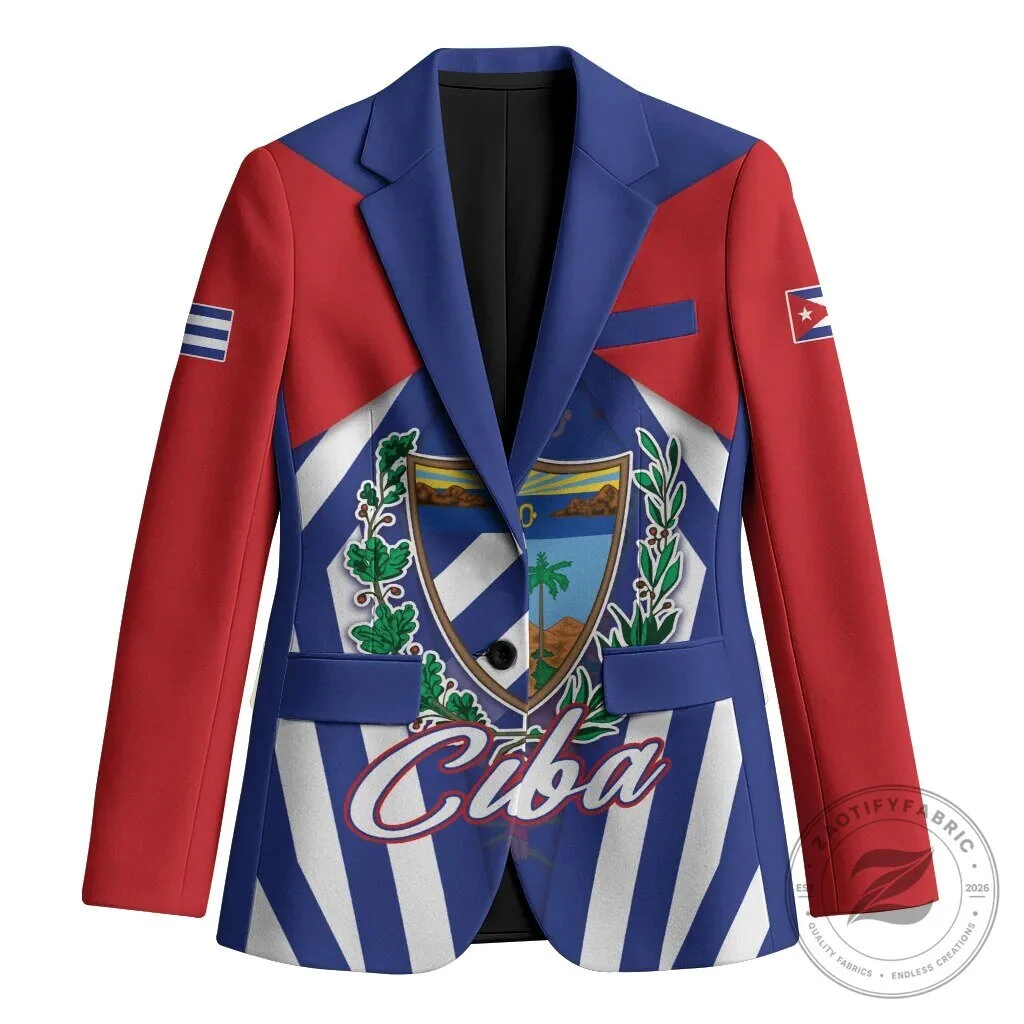 Cuba Flag Coat of Arms Patriotic Red White Blue Striped Blazer Jacket