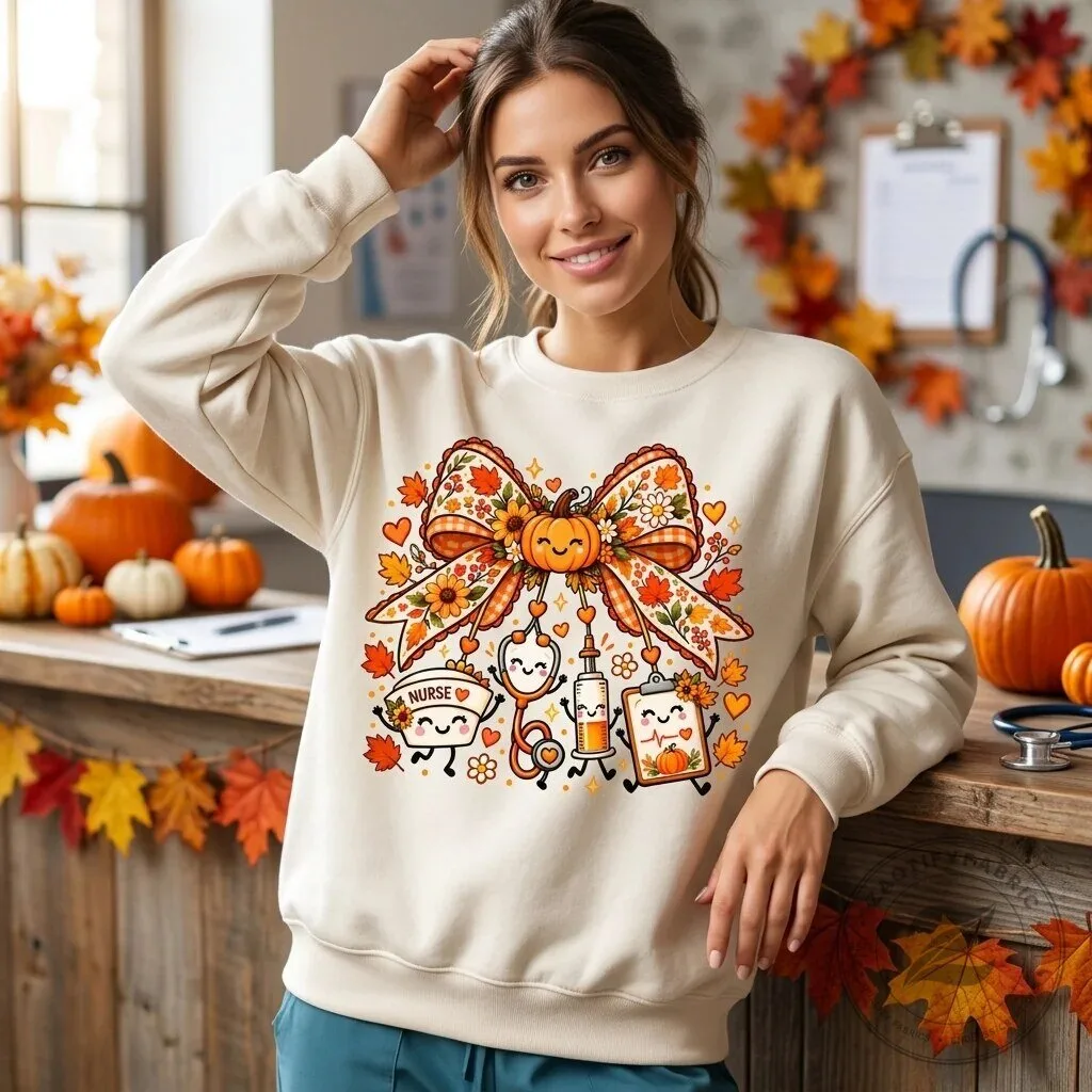 Autumn Nurse Pumpkin Bow Fall Season Healthcare Worker Sweatshirt 1 Autumn Nurse Pumpkin Bow Fall Season Healthcare Worker Sweatshirt