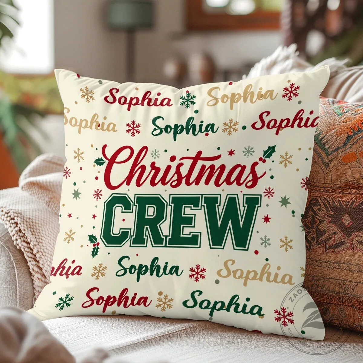 Personalized Christmas Crew Family Name Holiday Throw Pillow