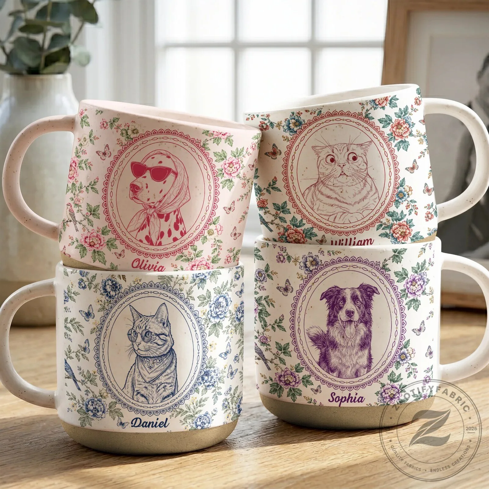 Personalized Pet Portrait Sketch Floral Pattern Custom Name Coffee Mug 3 Personalized Pet Portrait Sketch Floral Pattern Custom Name Coffee Mug