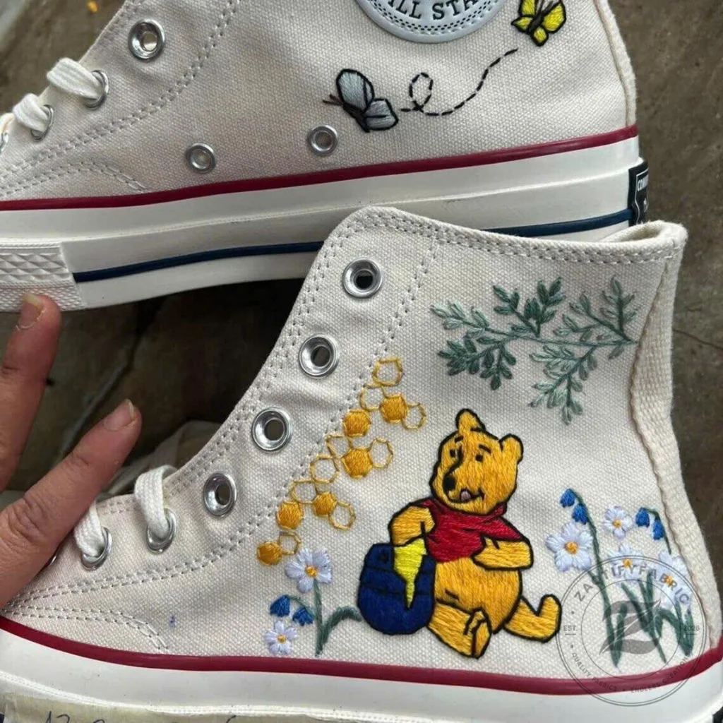 Winnie The Pooh Hand Embroidered High Top Canvas Sneakers for Women