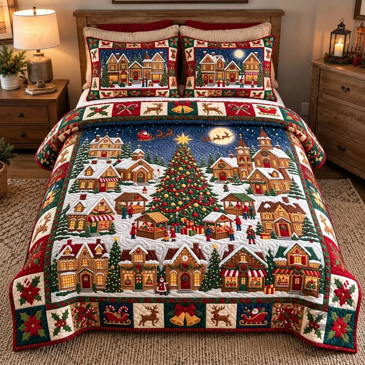 Christmas Village Festive Town Center Quilted Bedding Set