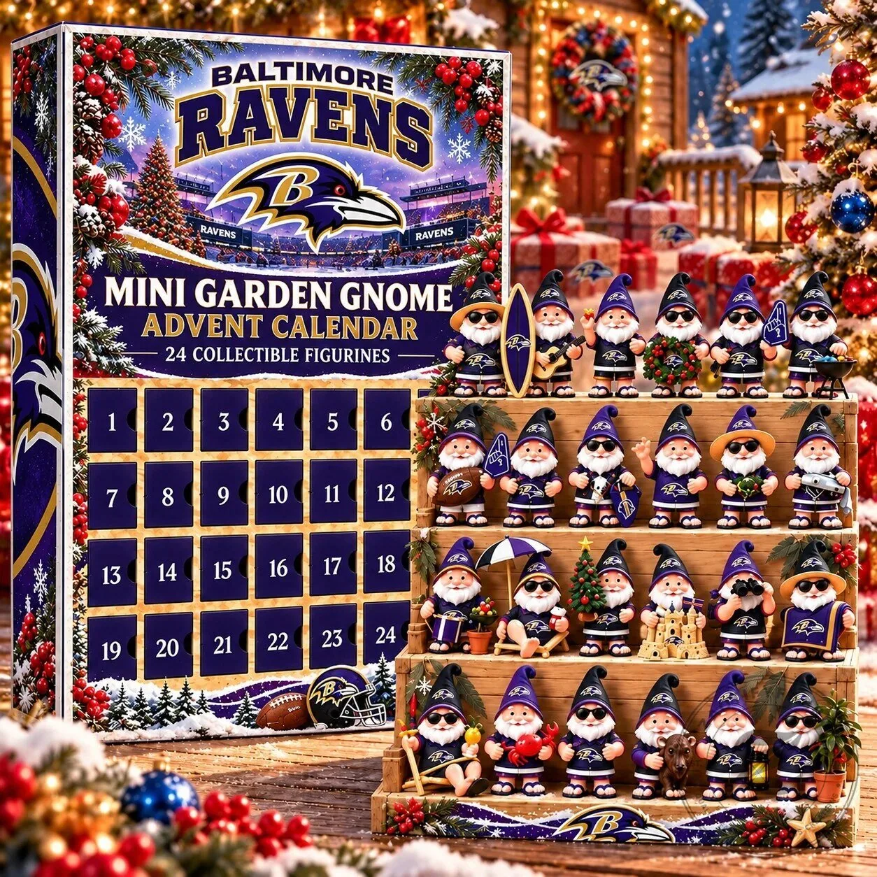 Baltimore Ravens NFL Mini Garden Gnome Advent Calendar with 24 Collectible Figurines 2D
