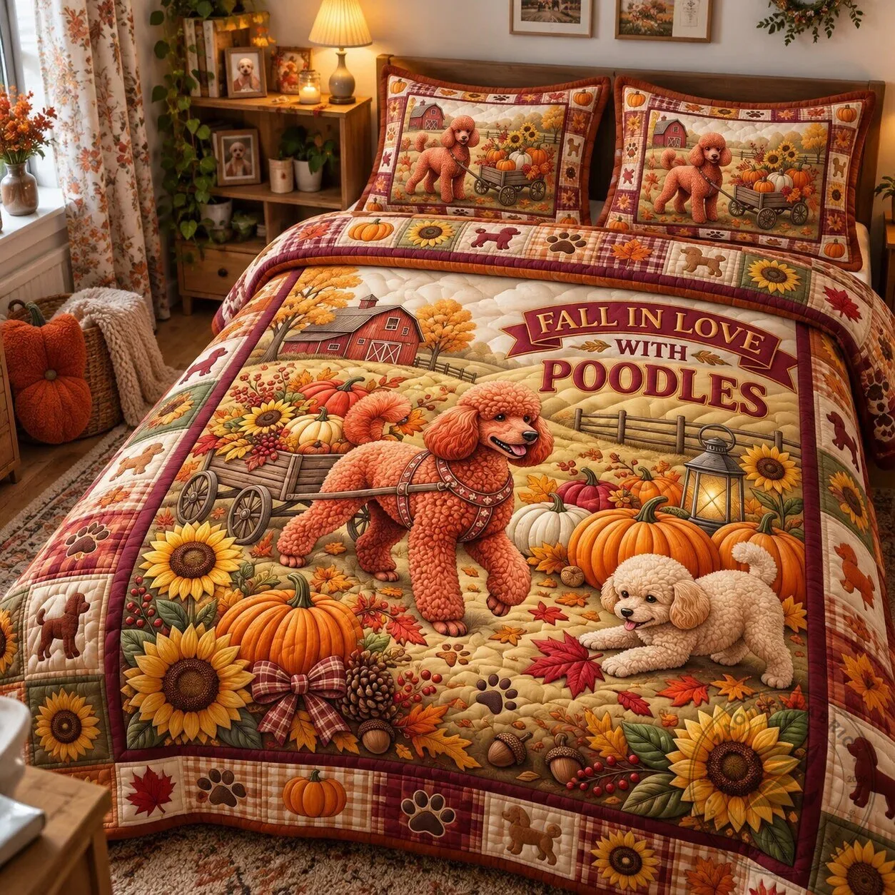 Fall in Love with Poodles Autumn Harvest Pumpkin Sunflower Quilted Bedding Set