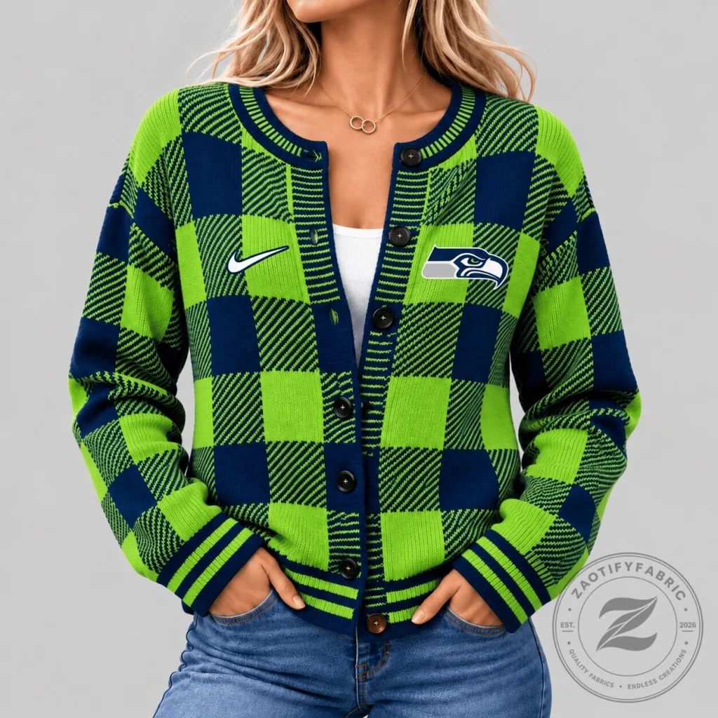 Seattle Seahawks NFL Buffalo Plaid Knit Button-Up Cardigan Sweater for Women Seattle Seahawks NFL Buffalo Plaid Knit Button-Up Cardigan Sweater for Women