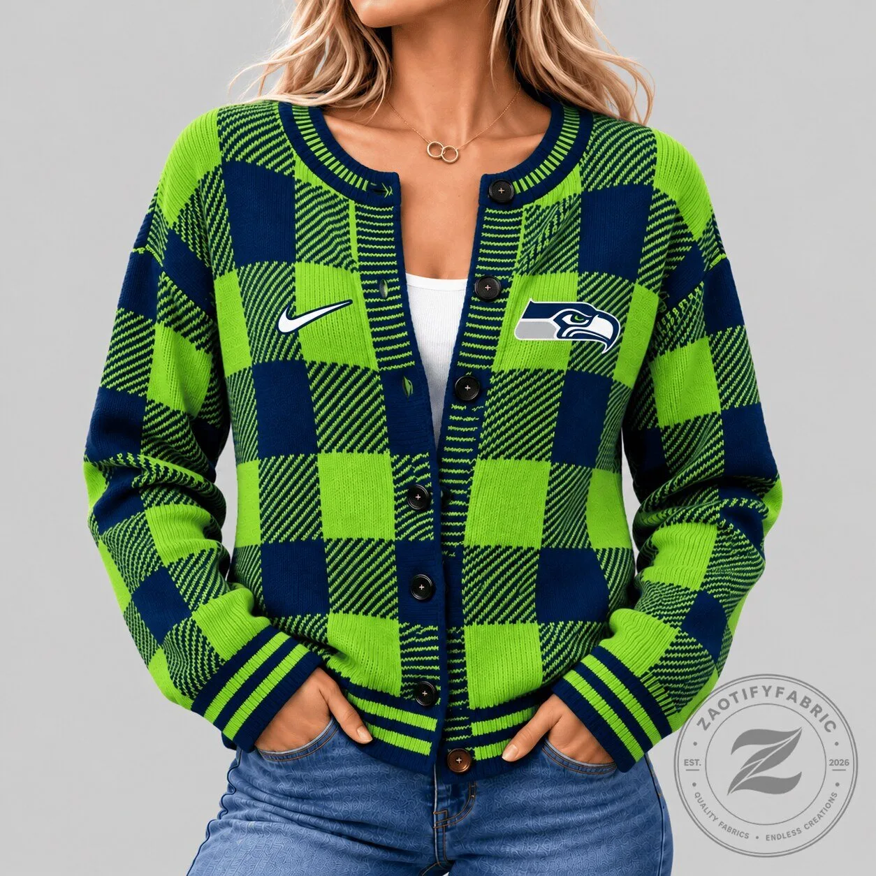 Seattle Seahawks NFL Buffalo Plaid Knit Button-Up Cardigan Sweater for Women