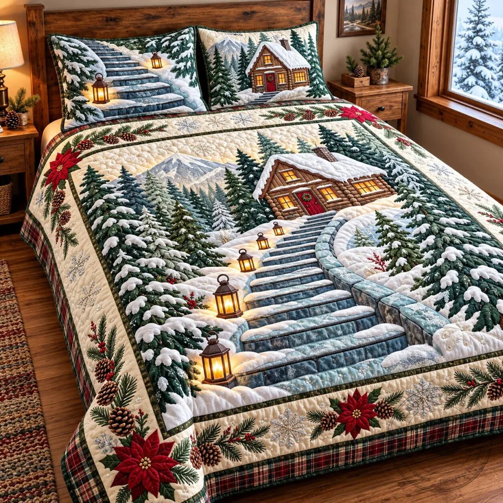 Winter Snow Covered Cabin and Stairway Quilted Bedding Set Winter Snow Covered Cabin and Stairway Quilted Bedding Set