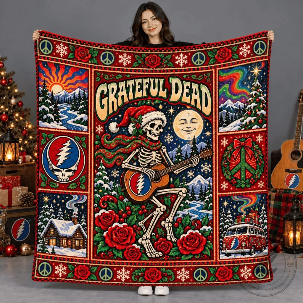 Grateful Dead Christmas Skeleton Playing Guitar Winter Holiday Blanket Grateful Dead Christmas Skeleton Playing Guitar Winter Holiday Blanket
