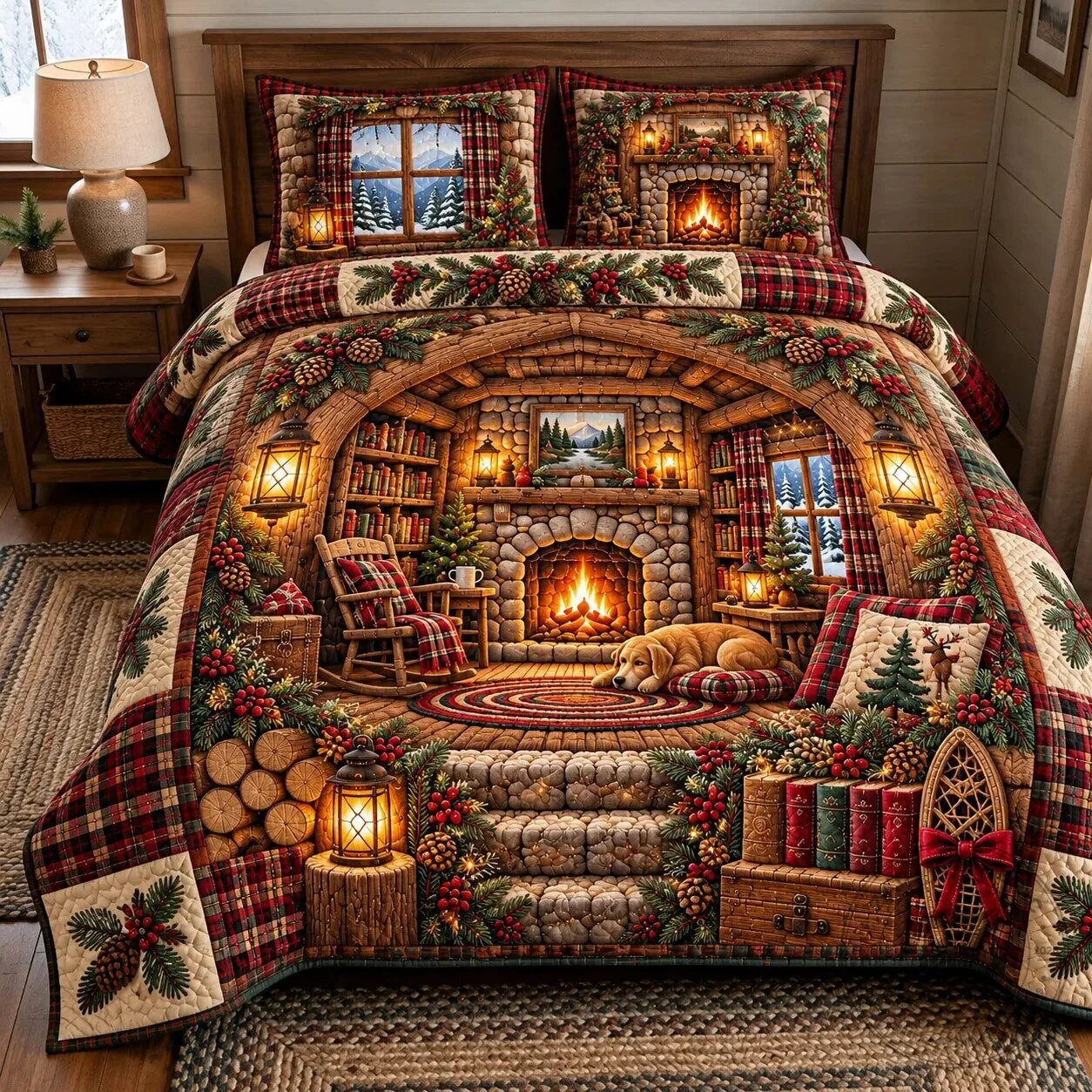 Cozy Christmas Cabin Quilted Bedding Set with Winter Wonderland Fireplace Design 7 Cozy Christmas Cabin Quilted Bedding Set with Winter Wonderland Fireplace Design
