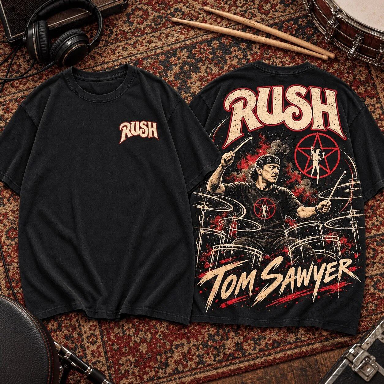 Rush Tom Sawyer Neil Peart Drummer Artwork Graphic Black T-Shirt