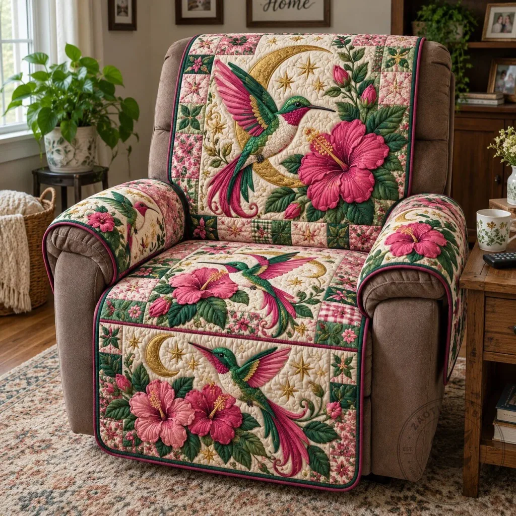 Hummingbird and Hibiscus Floral Garden Quilted Recliner Chair Cover Hummingbird and Hibiscus Floral Garden Quilted Recliner Chair Cover