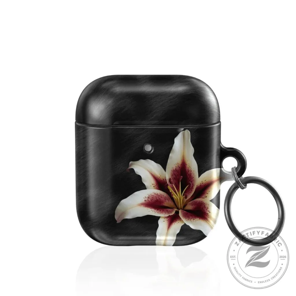 Elegant Tiger Lily Floral Design Black AirPods Case with Keychain 1 Elegant Tiger Lily Floral Design Black AirPods Case with Keychain