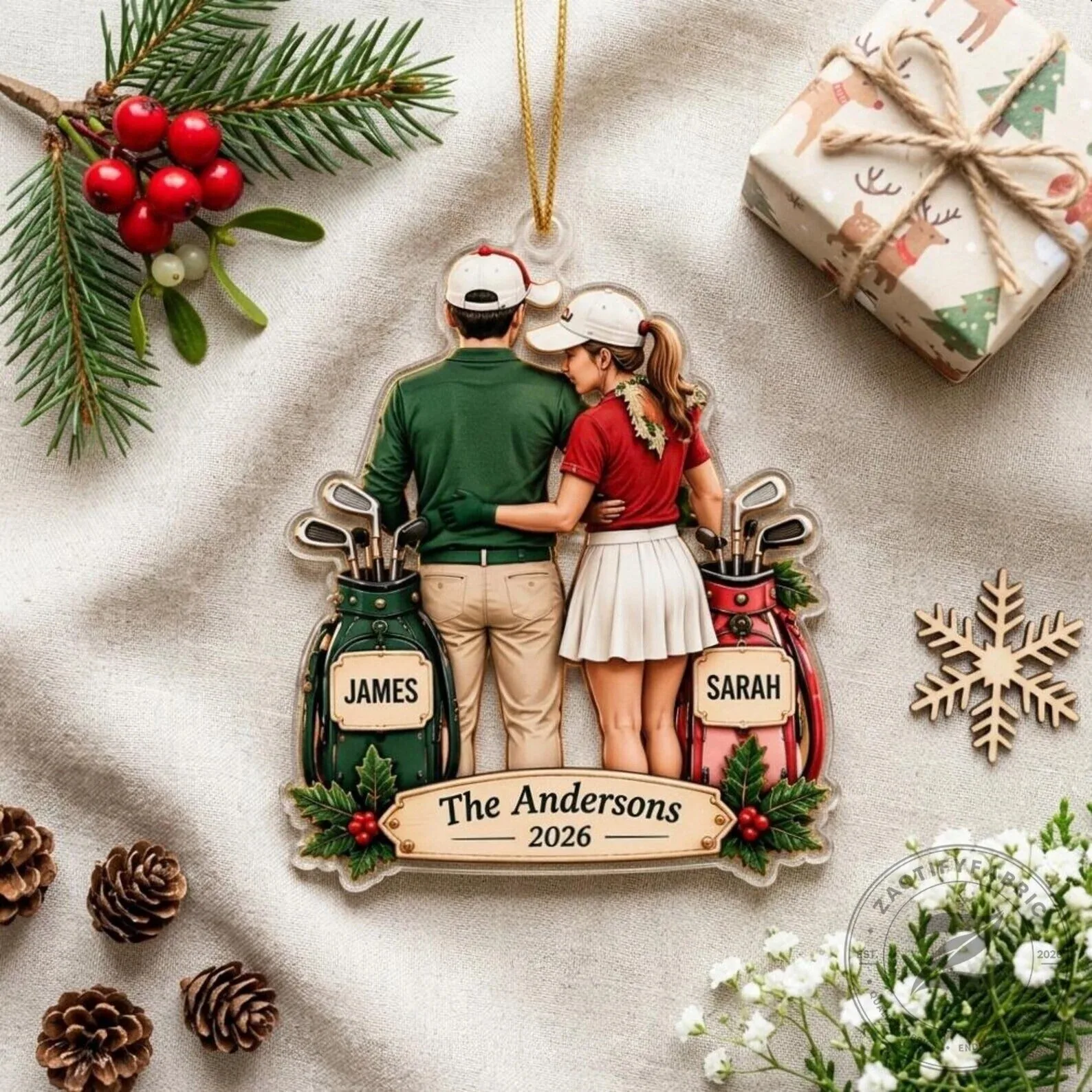 Elegant Tiger Lily Floral Design Black AirPods Case with Keychain 5 Personalized Golf Couple Christmas Ornament, Custom Name Golfers Holiday Decoration