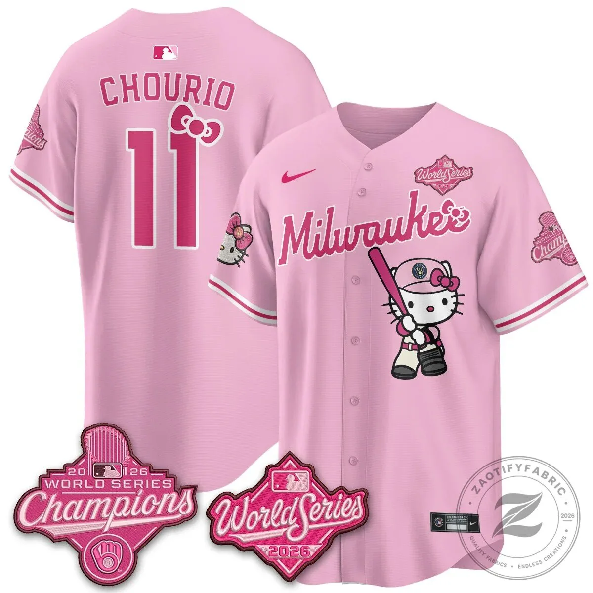2026 World Series Champions Baseball Jersey in Pink with Hello Kitty for Milwaukee Brewers 84 2026 World Series Champions Baseball Jersey in Pink with Hello Kitty for Milwaukee Brewers