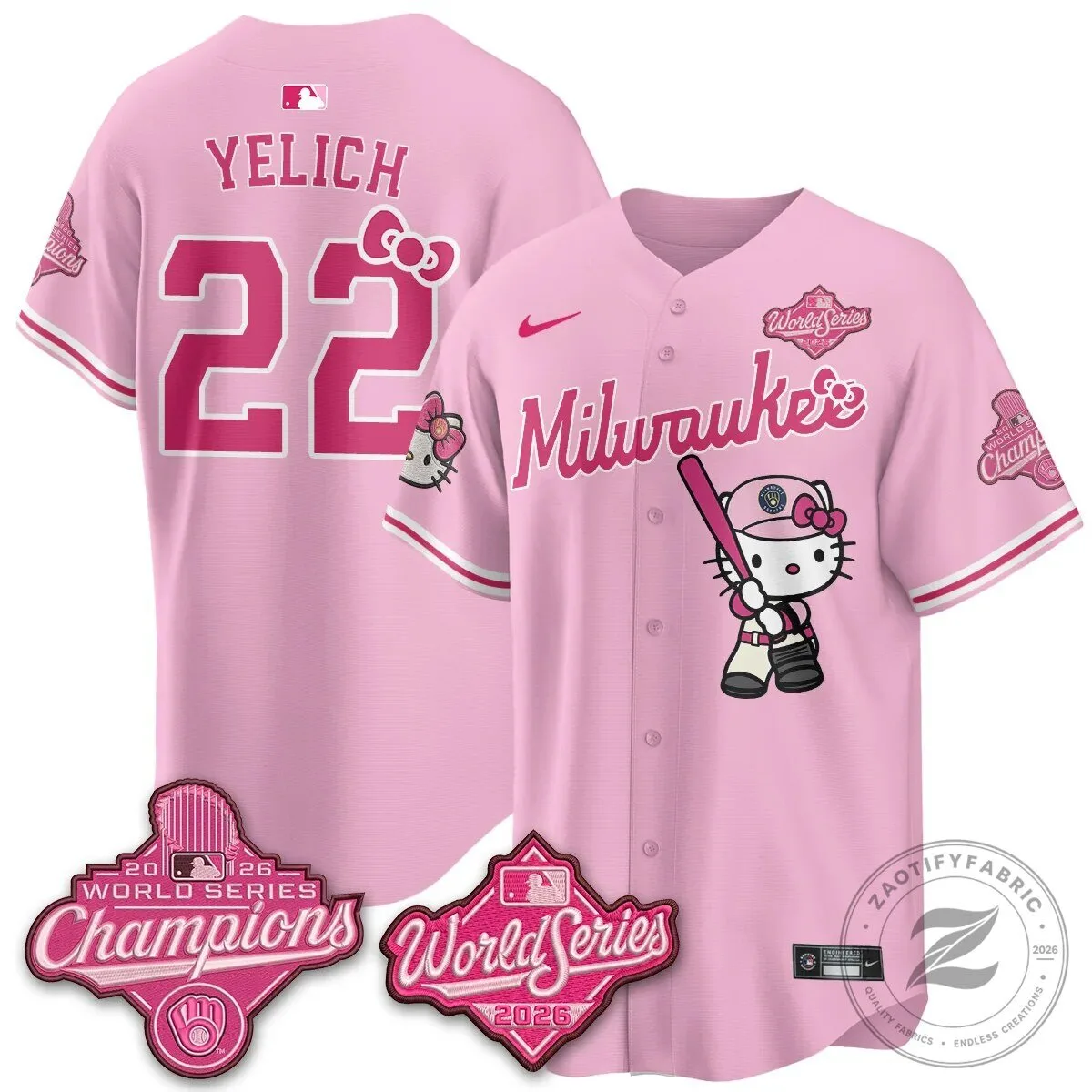 2026 World Series Champions Baseball Jersey in Pink with Hello Kitty for Milwaukee Brewers 86 2026 World Series Champions Baseball Jersey in Pink with Hello Kitty for Milwaukee Brewers