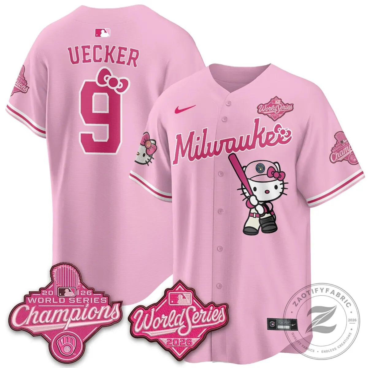 2026 World Series Champions Baseball Jersey in Pink with Hello Kitty for Milwaukee Brewers 88 2026 World Series Champions Baseball Jersey in Pink with Hello Kitty for Milwaukee Brewers