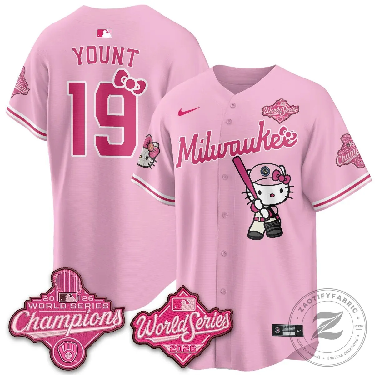 2026 World Series Champions Baseball Jersey in Pink with Hello Kitty for Milwaukee Brewers 91 2026 World Series Champions Baseball Jersey in Pink with Hello Kitty for Milwaukee Brewers