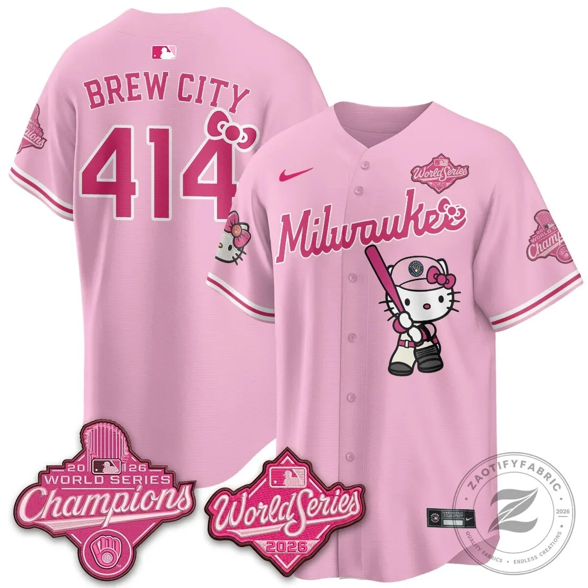 2026 World Series Champions Baseball Jersey in Pink with Hello Kitty for Milwaukee Brewers 93 2026 World Series Champions Baseball Jersey in Pink with Hello Kitty for Milwaukee Brewers
