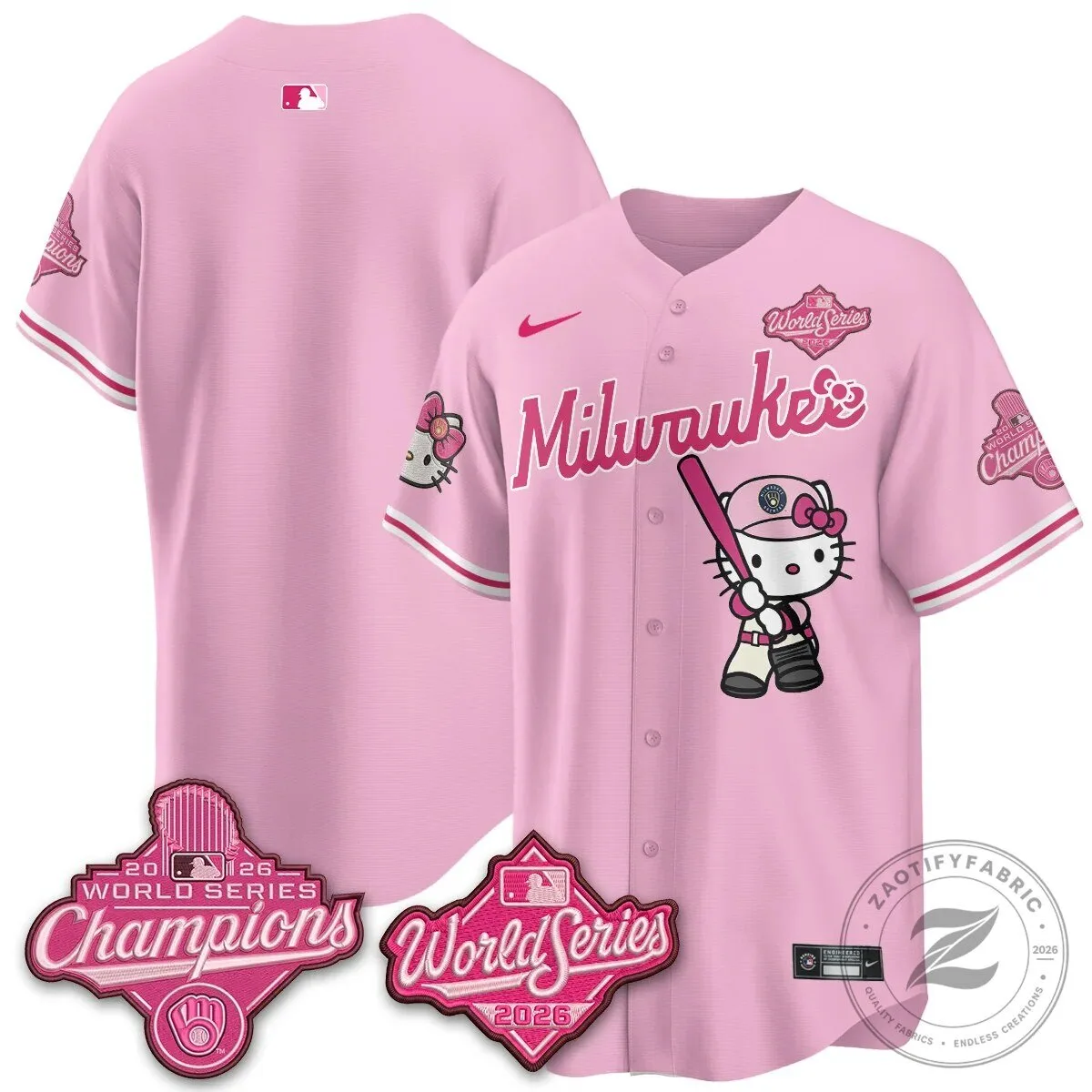 2026 World Series Champions Baseball Jersey in Pink with Hello Kitty for Milwaukee Brewers 94 2026 World Series Champions Baseball Jersey in Pink with Hello Kitty for Milwaukee Brewers