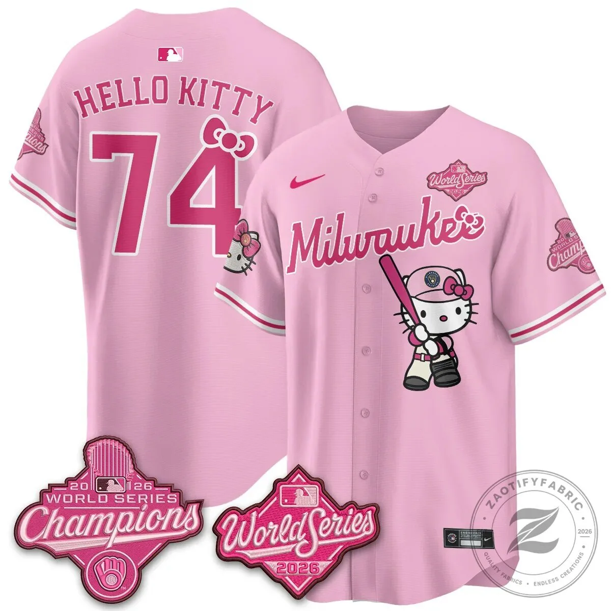 2026 World Series Champions Baseball Jersey in Pink with Hello Kitty for Milwaukee Brewers 95 2026 World Series Champions Baseball Jersey in Pink with Hello Kitty for Milwaukee Brewers