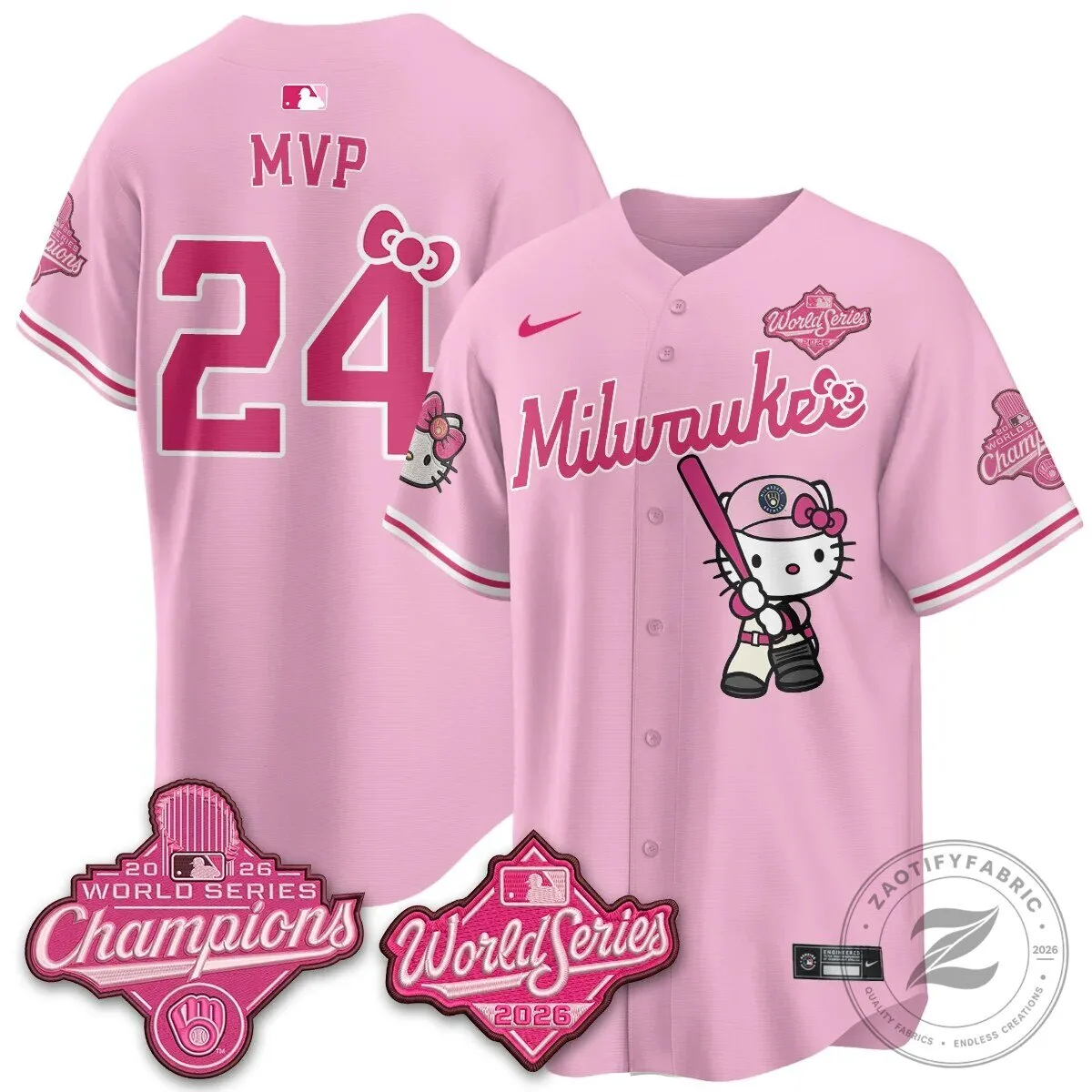 2026 World Series Champions Baseball Jersey in Pink with Hello Kitty for Milwaukee Brewers 96 2026 World Series Champions Baseball Jersey in Pink with Hello Kitty for Milwaukee Brewers