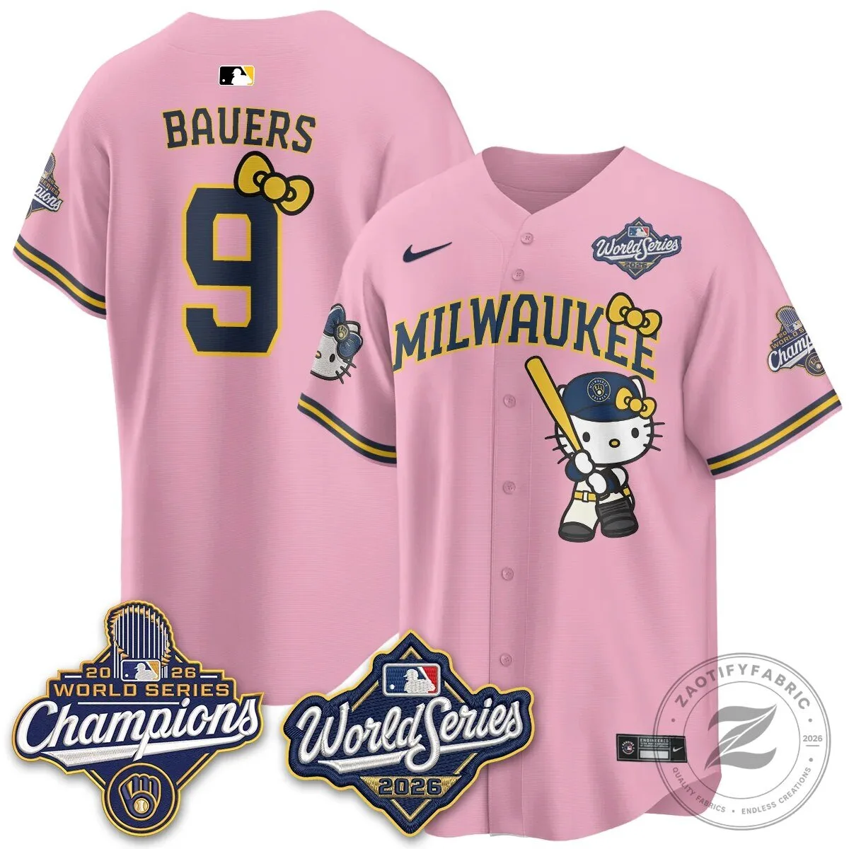 2026 World Series Champions Baseball Jersey in Pink with Hello Kitty for Milwaukee Brewers 98 2026 World Series Champions Baseball Jersey in Pink with Hello Kitty for Milwaukee Brewers