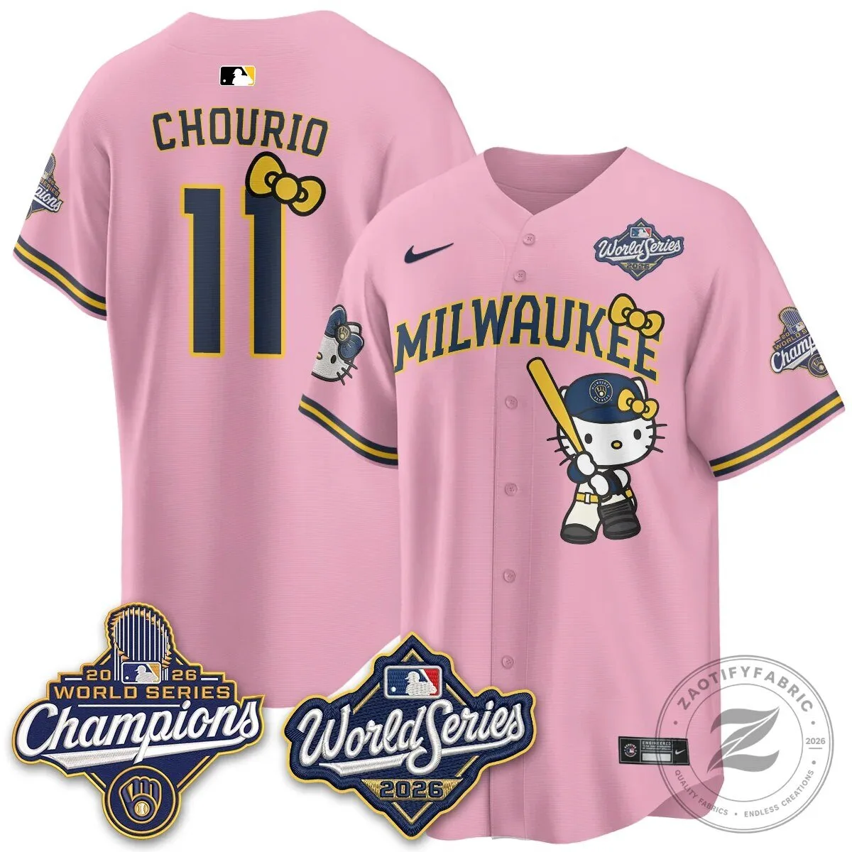 2026 World Series Champions Baseball Jersey in Pink with Hello Kitty for Milwaukee Brewers 100 2026 World Series Champions Baseball Jersey in Pink with Hello Kitty for Milwaukee Brewers