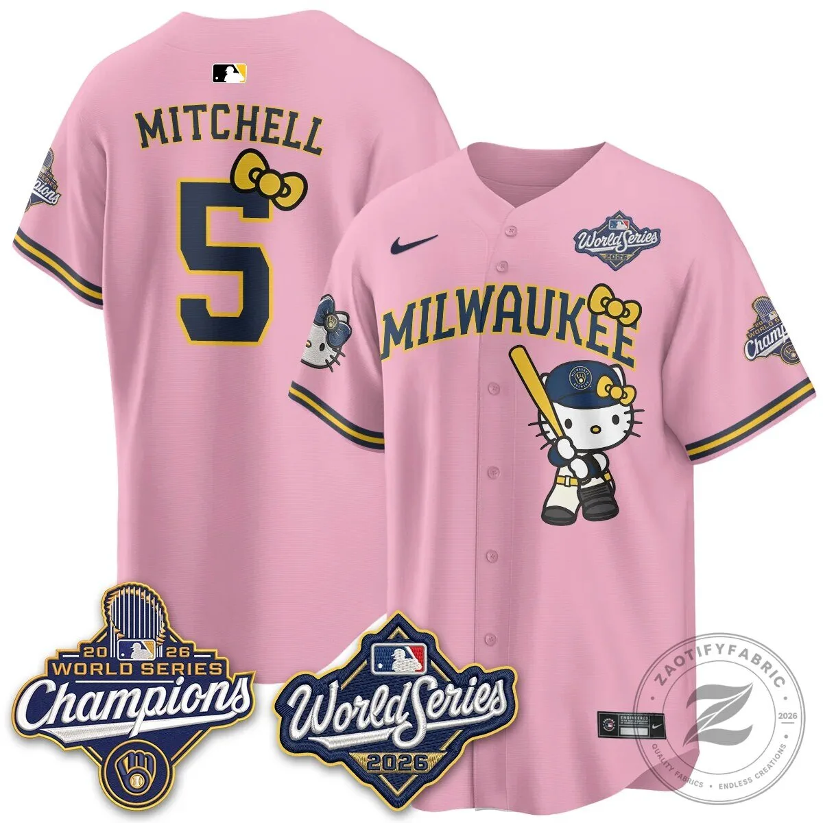 2026 World Series Champions Baseball Jersey in Pink with Hello Kitty for Milwaukee Brewers 101 2026 World Series Champions Baseball Jersey in Pink with Hello Kitty for Milwaukee Brewers