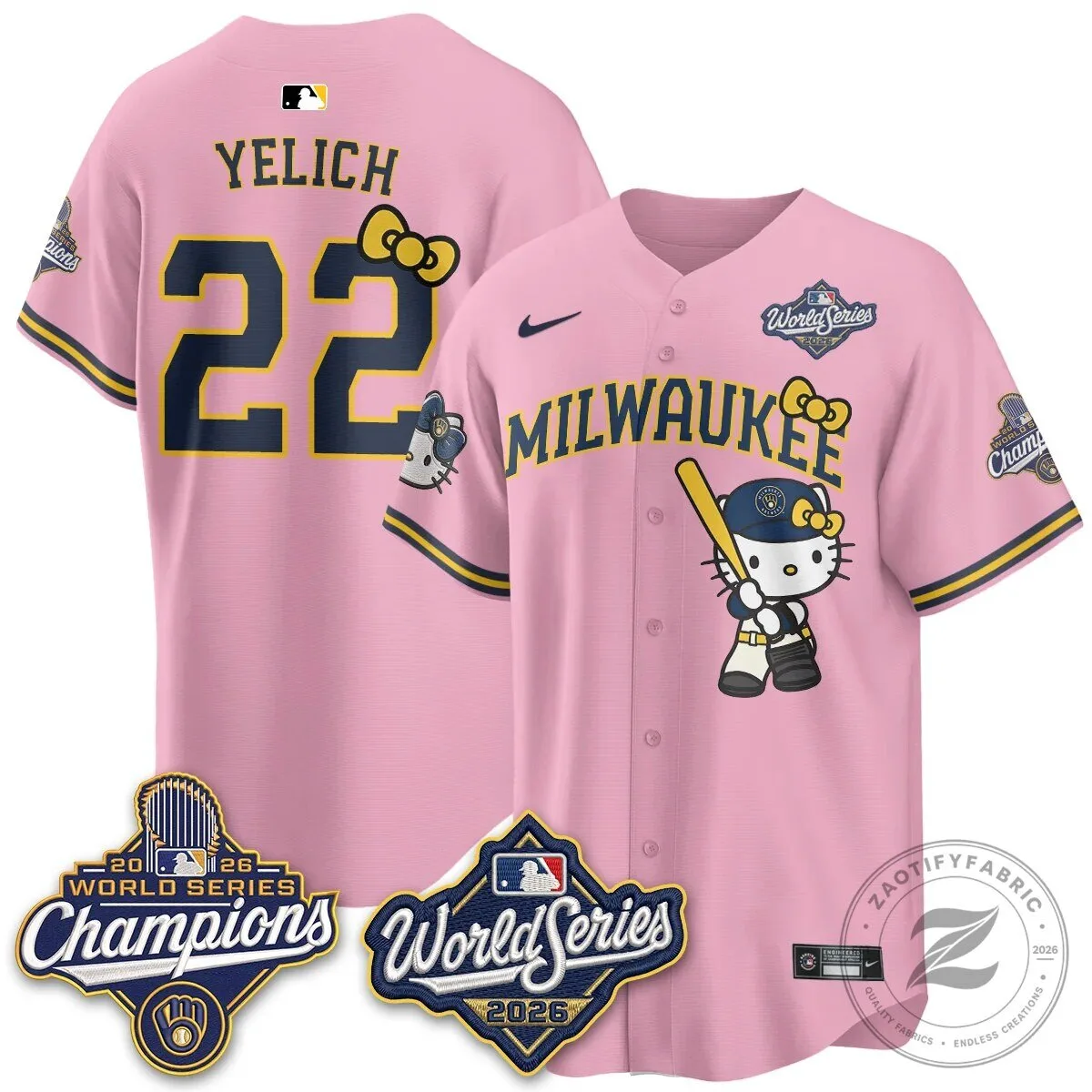 2026 World Series Champions Baseball Jersey in Pink with Hello Kitty for Milwaukee Brewers 102 2026 World Series Champions Baseball Jersey in Pink with Hello Kitty for Milwaukee Brewers