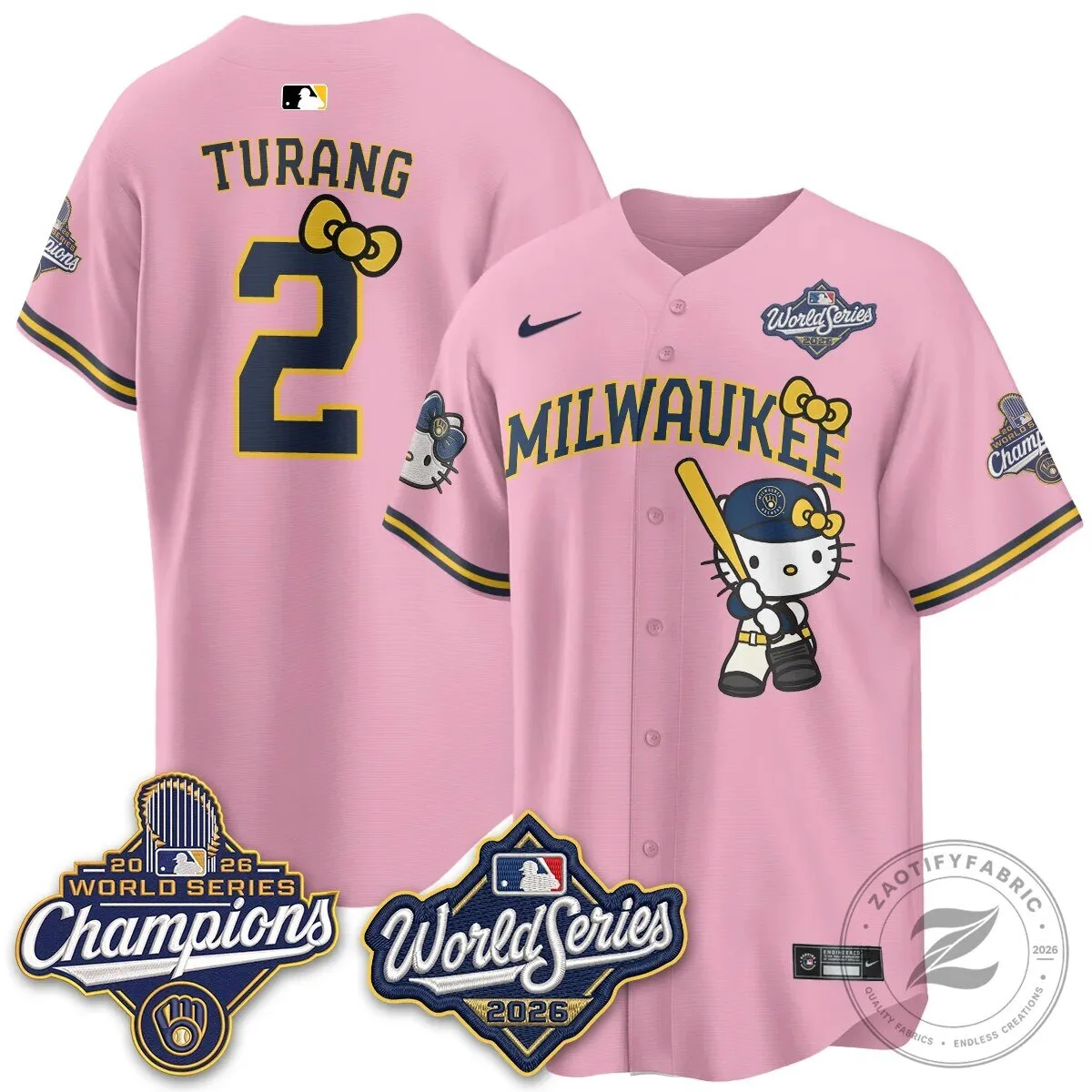 2026 World Series Champions Baseball Jersey in Pink with Hello Kitty for Milwaukee Brewers 103 2026 World Series Champions Baseball Jersey in Pink with Hello Kitty for Milwaukee Brewers