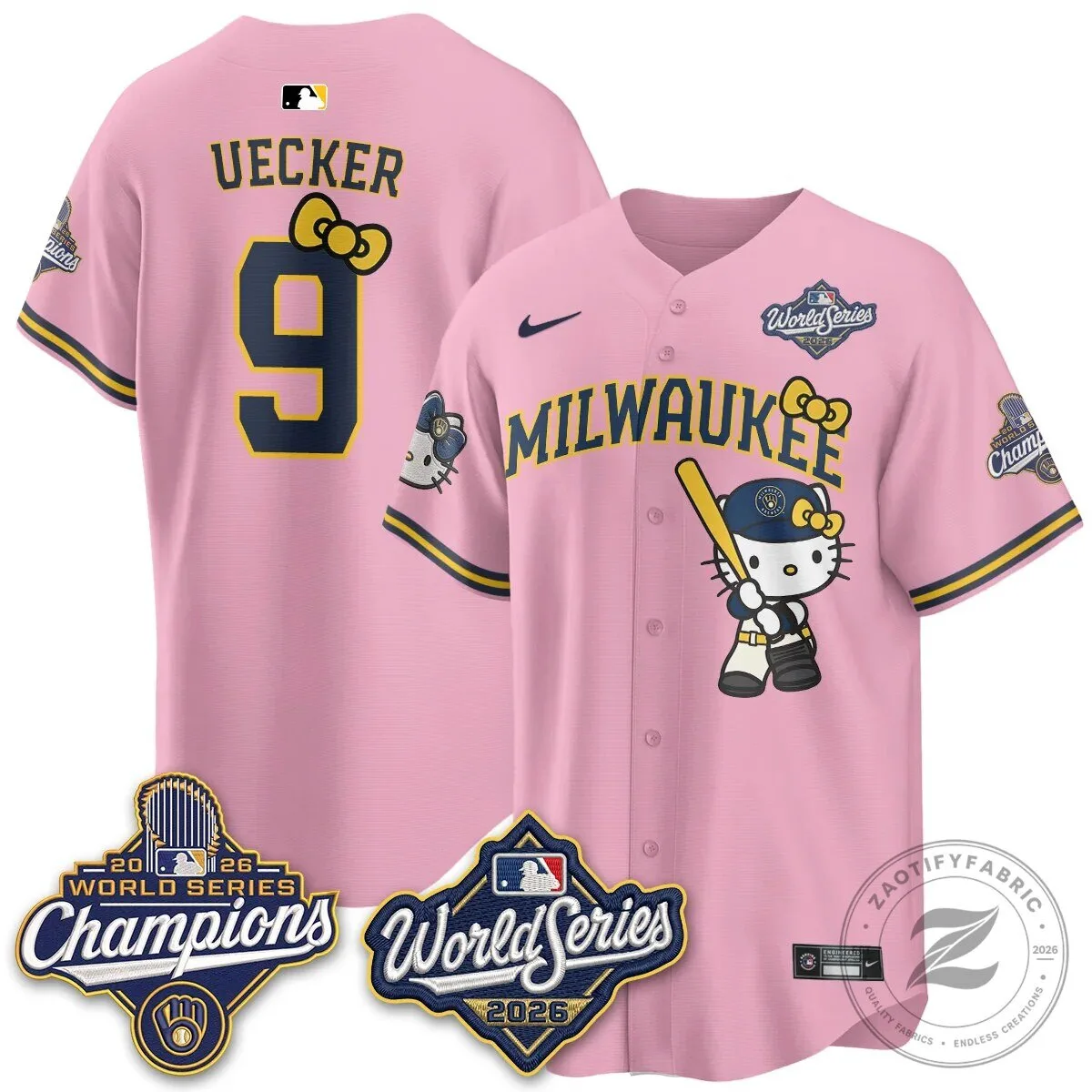 2026 World Series Champions Baseball Jersey in Pink with Hello Kitty for Milwaukee Brewers 104 2026 World Series Champions Baseball Jersey in Pink with Hello Kitty for Milwaukee Brewers