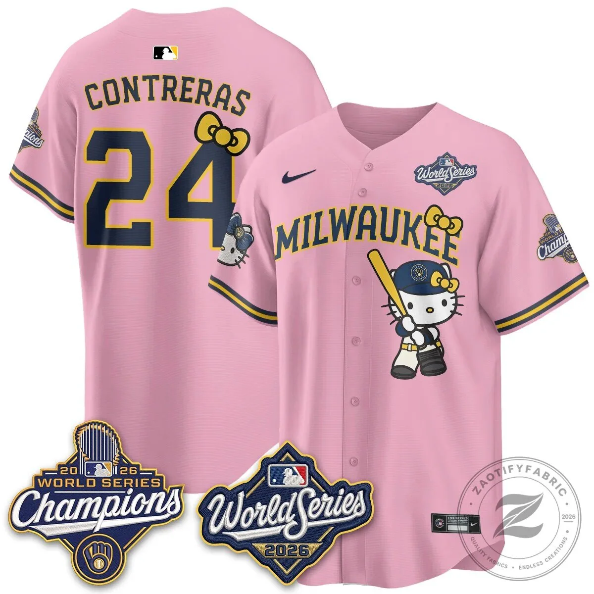 2026 World Series Champions Baseball Jersey in Pink with Hello Kitty for Milwaukee Brewers 105 2026 World Series Champions Baseball Jersey in Pink with Hello Kitty for Milwaukee Brewers