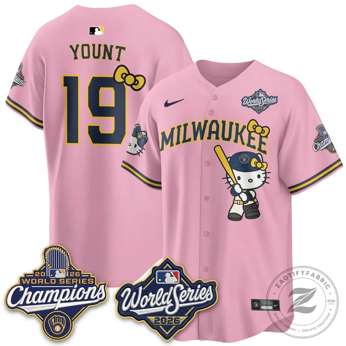 2026 World Series Champions Baseball Jersey in Pink with Hello Kitty for Milwaukee Brewers 107 2026 World Series Champions Baseball Jersey in Pink with Hello Kitty for Milwaukee Brewers