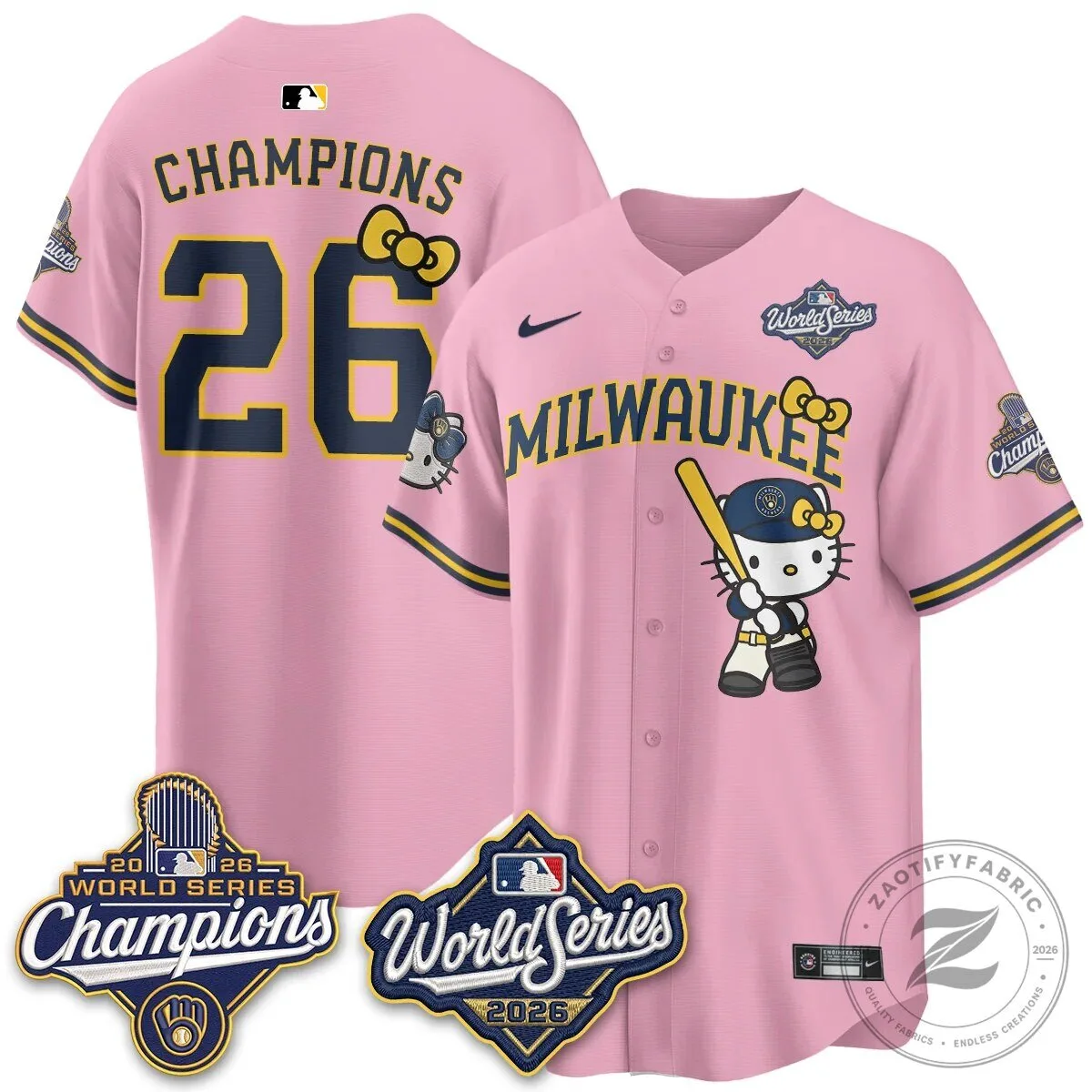 2026 World Series Champions Baseball Jersey in Pink with Hello Kitty for Milwaukee Brewers 108 2026 World Series Champions Baseball Jersey in Pink with Hello Kitty for Milwaukee Brewers