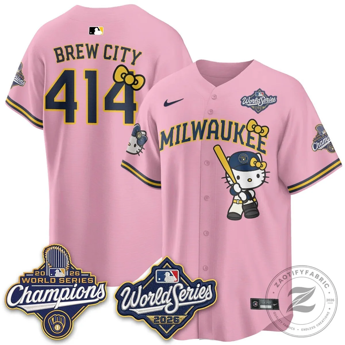 2026 World Series Champions Baseball Jersey in Pink with Hello Kitty for Milwaukee Brewers 109 2026 World Series Champions Baseball Jersey in Pink with Hello Kitty for Milwaukee Brewers